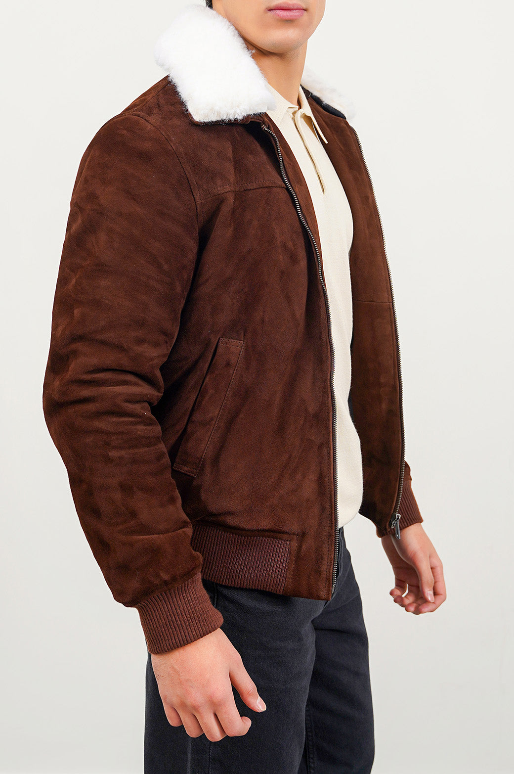 SUEDE JACKET WITH LAMB WOOL COLLAR