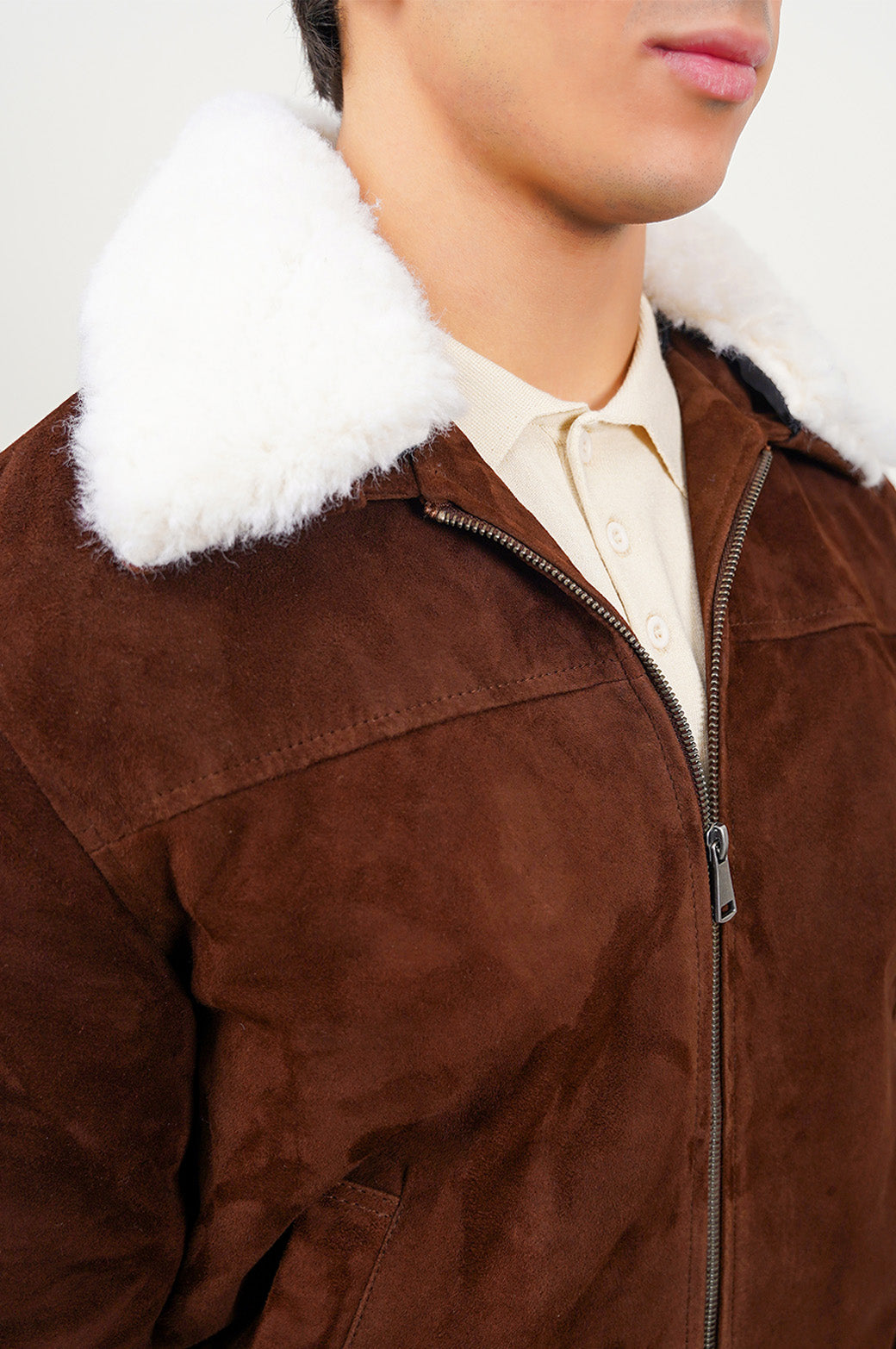 SUEDE JACKET WITH LAMB WOOL COLLAR